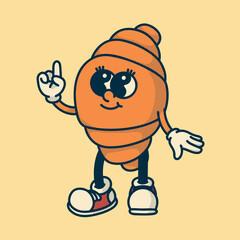 Colorful croissant mascot retro vector design for bakery branding with gesture, gloves and boots playful illustration