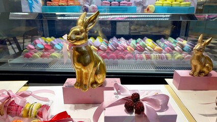 Beautiful pastry shop window with maarunes