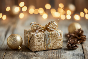 Festive golden holiday gift box with glittering ribbon surrounded by shimmering ornaments and pine cones on rustic wooden surface with warm bokeh lights background