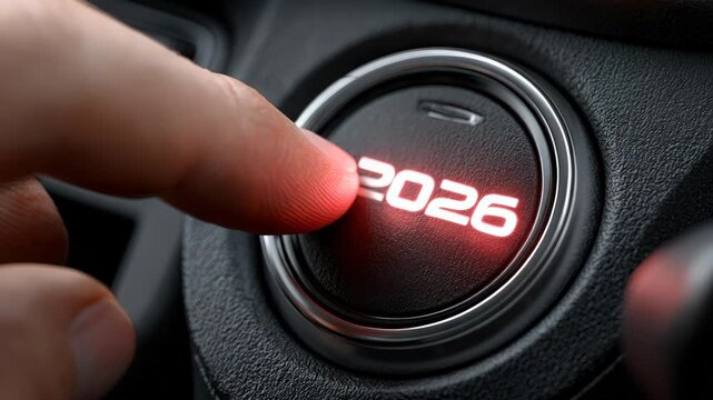 Close-up of a hand pressing a car start button with futuristic 2026 digital display, symbolizing automotive innovation, smart technology, electric vehicles, and advancements in modern transportation.