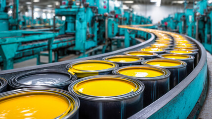 Rows of open yellow paint cans moving on a curved conveyor belt inside an industrial factory setting with machinery in the background, illustrating mass production p