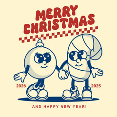 Sweet ornament and candy cane Christmas card. Vintage contour design with dot shadows and joyful holiday typography