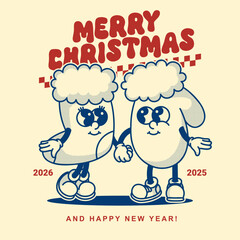 Cozy stocking and mitten Christmas card. Vintage contour style with dot shadows and warm holiday lettering
