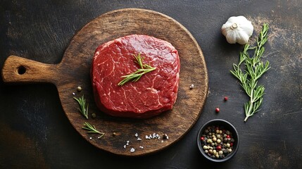 cuttingboard. Juicy steak on rustic cutting board photographed from above with appetizing shallow focus. menu design, packaging mockups, designed for culinary blogs and recipe cards for restaurants.