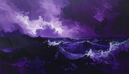 Painting depicts a stormy ocean under a dramatic, swirling purple sky, creating a powerful and moody atmosphere. The waves surge, reflecting the sky