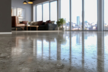 Polished concrete floor reflecting large windows and modern living room furniture with city view in a bright spacious apartment interior