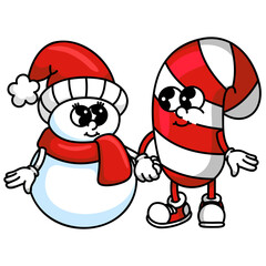 Jolly snowman with scarf and candy cane mascot. Bright vector design isolated on white background for winter holiday branding