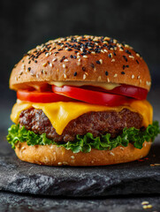 Juicy cheeseburger with melted cheddar, fresh lettuce, tomato slices, and sesame seed bun served on rustic stone surface with dark background
