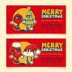 Christmas retro mascot flyer with ornament tree mitten and hat bright design for festive promotions