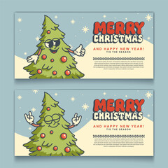 Christmas retro mascot flyer with fluffy tree and ornaments vibrant horizontal design for festive advertisements