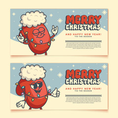 Christmas retro mascot flyer with red santa mitten bright horizontal design for holiday promotions and events