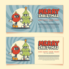 Christmas retro mascot flyer with ornament and star-topped tree bright design for holiday promotions