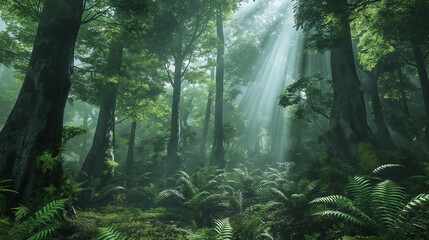 Sunlight Beams Through Lush Green Forest