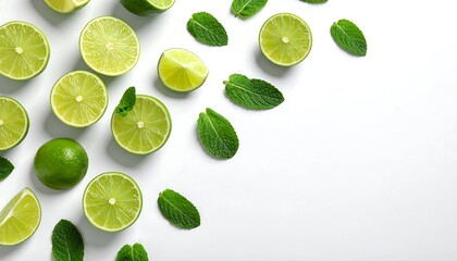 Overhead shot showing sliced and whole citrus fruit arranged with mint leaves on a white surface. The composition is clean and vibrant