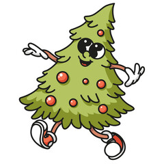 Fluffy Christmas tree mascot with colorful ornaments Bright retro vector design isolated on white background for festive decorations and holiday branding