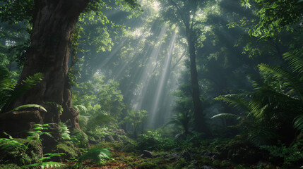 Sunlight Beams Through Lush Green Forest
