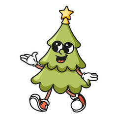 Christmas tree mascot with golden star topper Colorful retro vector design isolated on white background for holiday celebrations and festive branding