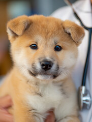 Adorable small brown puppy being gently held by a veterinarian with a stethoscope, symbolizing pet healthcare and veterinary care services