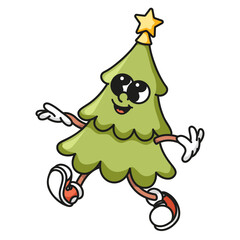 Christmas tree mascot with golden star topper Colorful retro vector design isolated on white background for holiday celebrations and festive branding