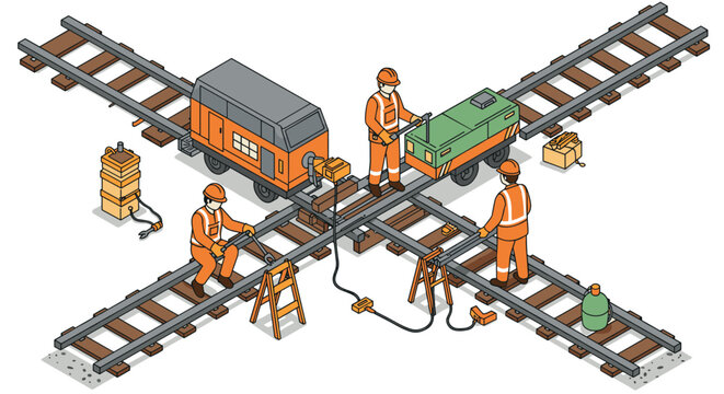 Isometric railway maintenance scene with workers and equipment on tracks