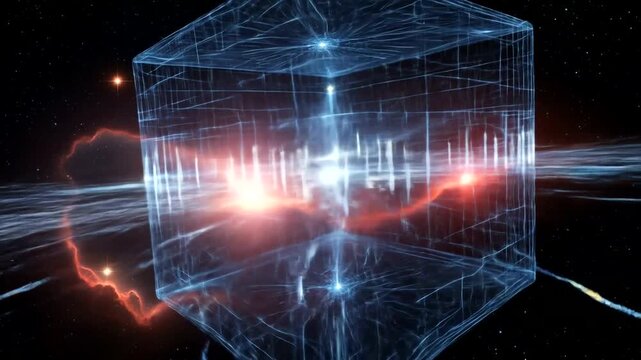 Abstract video featuring a glowing cube with intricate wireframe design in deep space environment