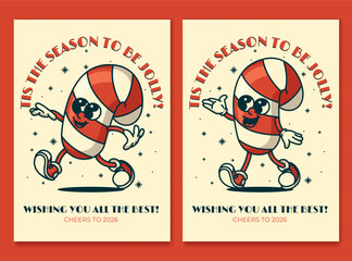 Vintage Christmas card with jolly candy cane mascot tis the season greeting with snowflakes and peppermint stripes