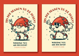 Jolly santa hat mascot Christmas card with festive lights and snowflakes vintage retro design for holiday greetings