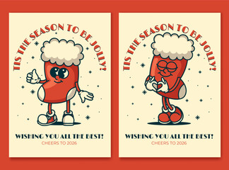 Jolly santa sock mascot Christmas card with festive snowflakes and gifts vintage retro design for holiday greetings