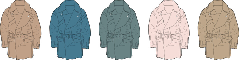 A colorful set of women's trench coats or parkas. A fashion design template with technical flat sketches for apparel concepts © Arman