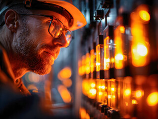 Industrial technician wearing protective helmet and glasses closely monitoring illuminated control panel lights in a dimly lit facility environment
