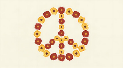 Peace symbol formed by vibrant red and yellow daisy flowers on a cream background