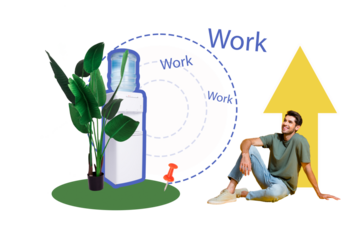 Composite photo collage of happy businessman sit office cooler supply arrow development pointer success isolated on painted background