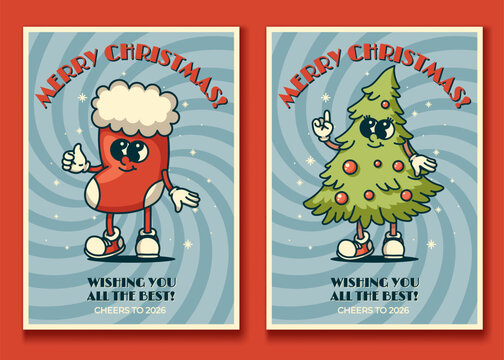 Vintage Christmas card set with fluffy tree and santa sock mascots jolly tis the season design with snowflakes