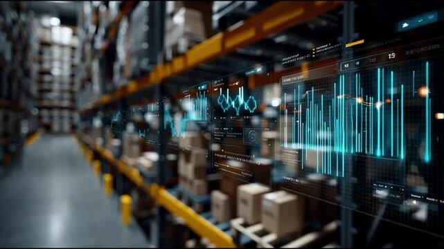 Supply chain resilience tech. Logistics automation forecasting management. Transportation. Cybersecurity. Blockchain. Warehouse with digital displays showcasing supply chain data.