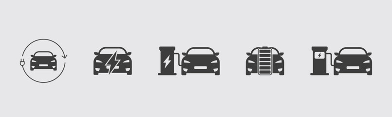 Electric Car Charging Station Icon Set — Thin Line Vector Collection
