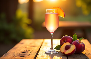 shallow focus captures delicate peach bellini cocktail sliced peaches radiating warmth soft golden sunlight rustic wooden