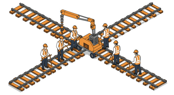 Isometric rail workers operating machine on cross tracks
