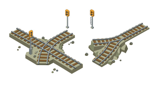 Isometric railway tracks with traffic signals on white background