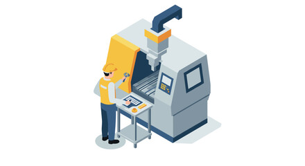 Isometric factory worker operating cnc machine with precision and safety gear