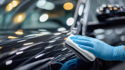 Hand wearing blue protective glove carefully polishing the shiny surface of a black car with microfiber cloth in a well-lit indoor setting