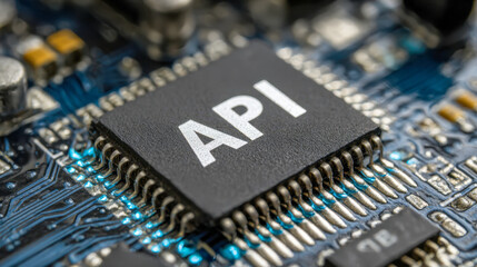 High-tech microchip with api inscription on an intricate printed circuit board illustrating advanced technology and electronic connectivity concepts