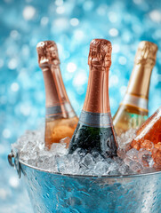 Bottles of chilled sparkling wine in a metal bucket filled with ice cubes against a sparkling blue bokeh background for celebration or party events