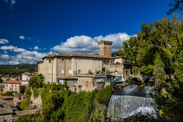 Isola del Liri, Frosinone, Lazio, Italy - The village, with its impressive waterfall in the historic center of the city. The river flows past the Boncompagni-Viscogliosi Castle, forming an island.