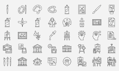 Vector icon set of art supplies, creative tools, and gallery symbols designed in a clean, minimalist line art style