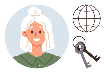 Woman with white hair in green top, globe icon symbolizing global connection, and two keys denoting access and opportunities. Ideal for identity, communication, international access, security