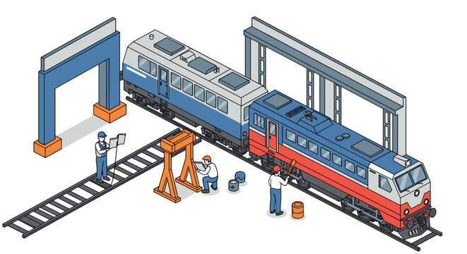 Isometric train maintenance scene with engineers and technicians at work