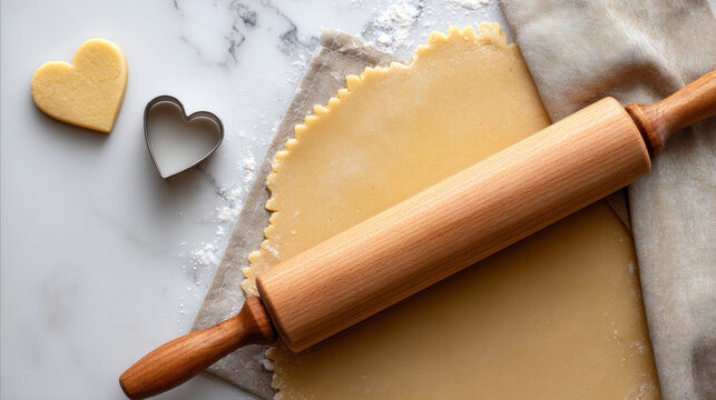 Heart-shaped cookie cutter with rolled dough and wooden rolling pin on floured surface for baking preparation - Powered by Adobe