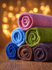Stack of colorful rolled towels placed on wooden surface with warm glowing bokeh lights in the background creating cozy ambiance