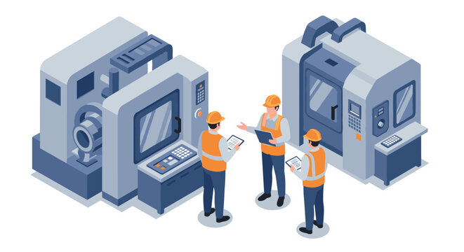 Industrial team discussing automation solutions in modern workshop setting