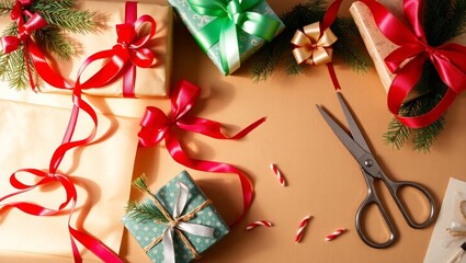 Holiday gift wrapping with festive ribbons and scissors